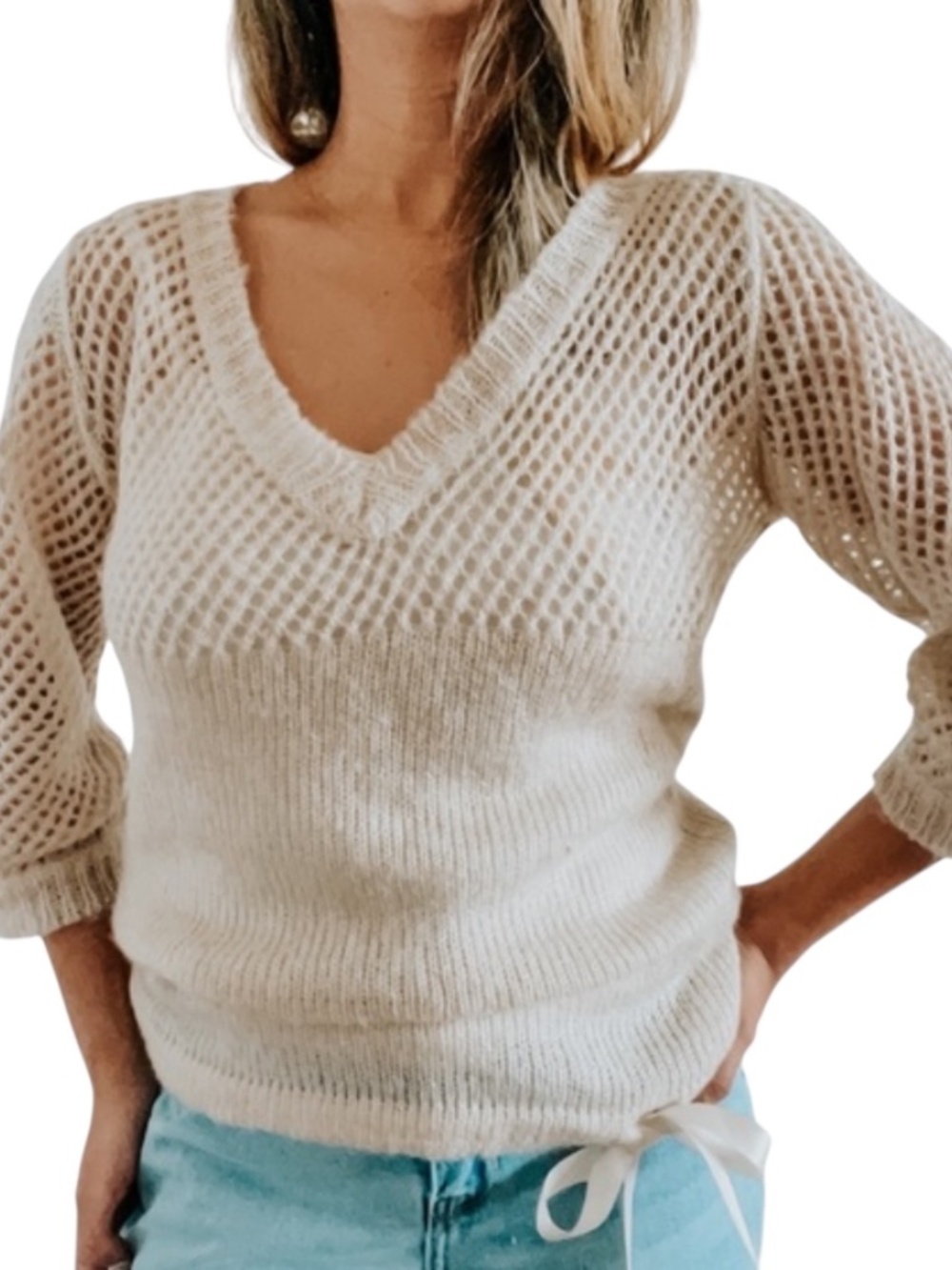 American Rag Cie Wool/Mohair Blend Open Weave Sweater - Blush/Cream Size XL